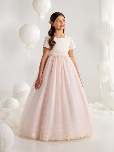 Vestido de Comunión clásico de tul con fondo rosa 7613